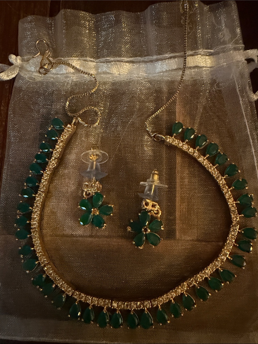 Gold-Plated Necklace & Earrings Set with Green Gem Accents